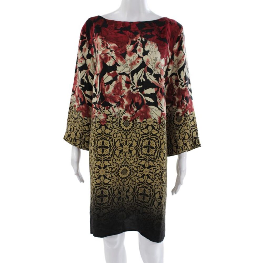 Citron Women Shift Dress Black Silk Boatneck 3/4 Sleeve Floral Size XL